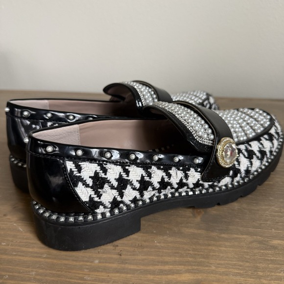 Betsey Johnson Women's 7.5 Miriam Houndstooth Pearl Rhinestone Studded Loafers - Picture 6 of 10
